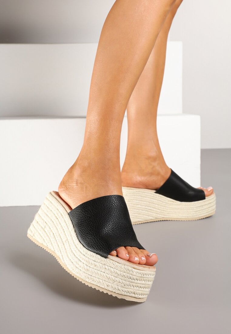 Papuci Negri pe Pană din împletitură cu Baretă Lată Gonaria