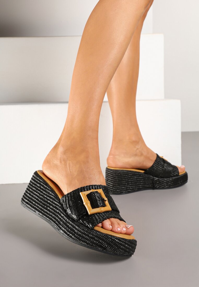 Papuci Negre cu platformă, cu cataramă decorativă și împletitură Deladira