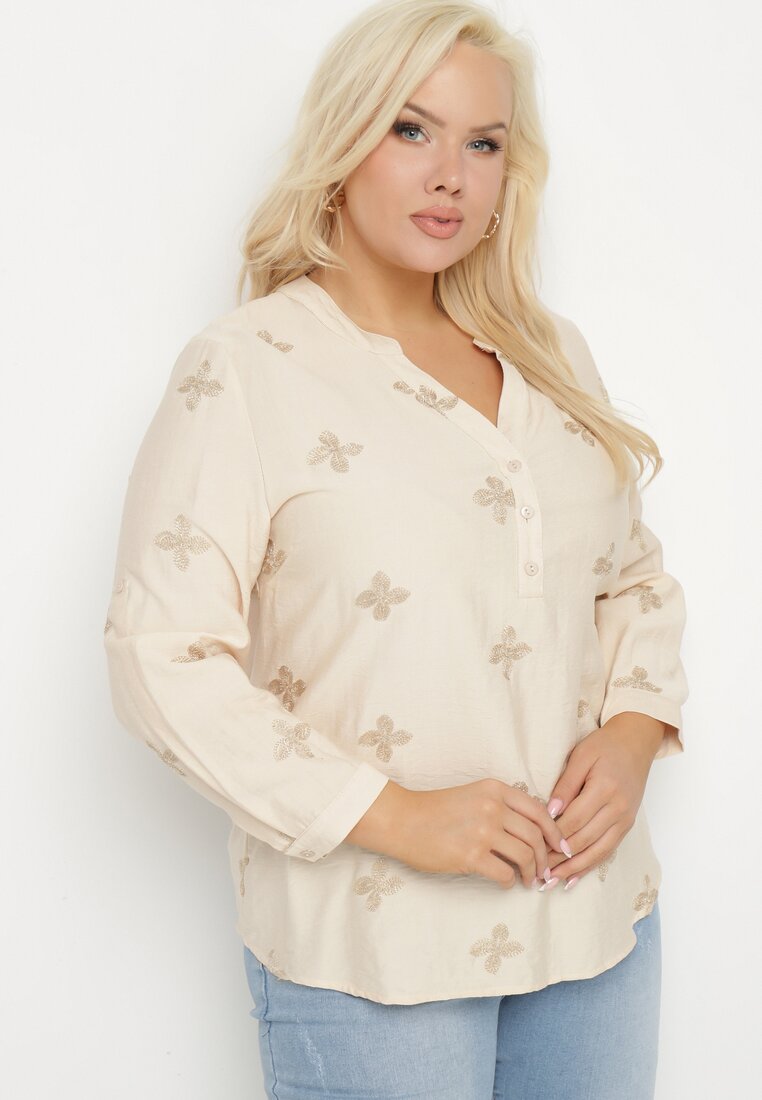 Cămașă Bej cu Viscoză Decorată cu Broderie cu Fir Metalic Parlivia