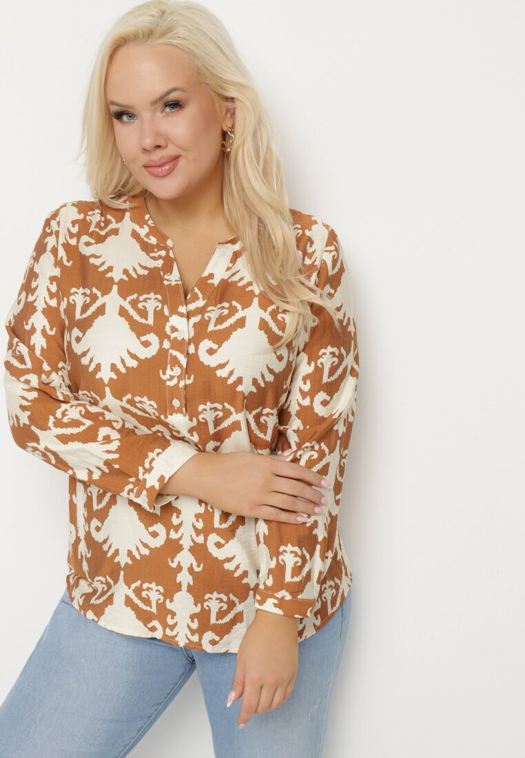 Cămașă Maro cu Viscoză cu Model Ornamental cu Decolteu în V Iladelle