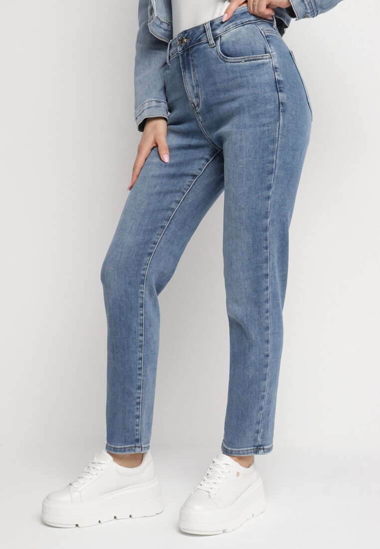 Blugi albaștri cu bumbac în croi Mom Fit cu talie înaltă Isariva