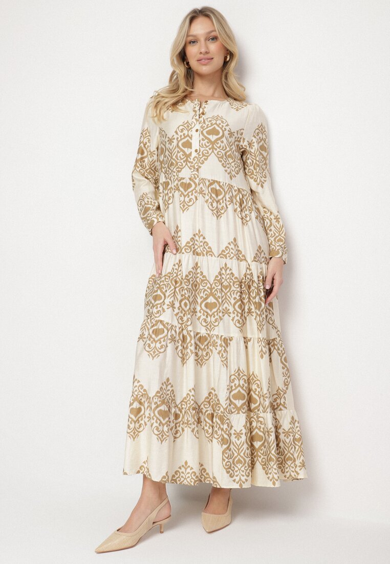 Rochie Bej cu Viscoză cu croi evazat cu nasturi Ilovella