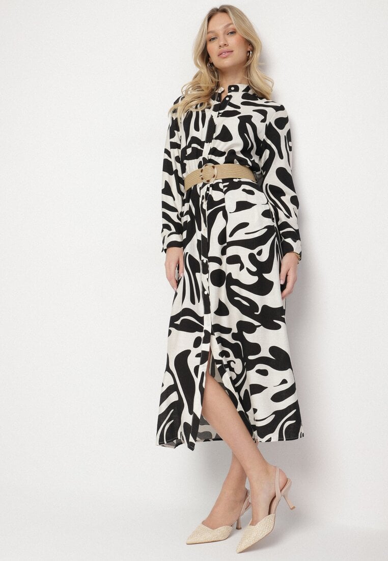 Rochie Cămașă Neagră din Viscoză cu Imprimeu Abstract cu Centură Koredis