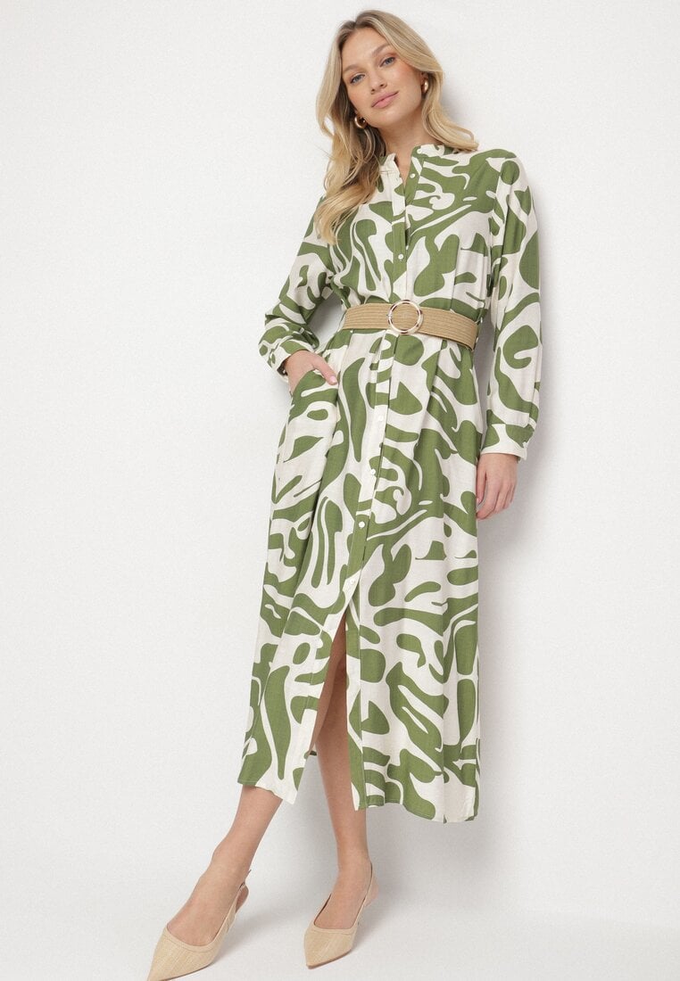 Rochie Cămașă Verde cu Viscoză cu Model Abstract cu Curea Koredis
