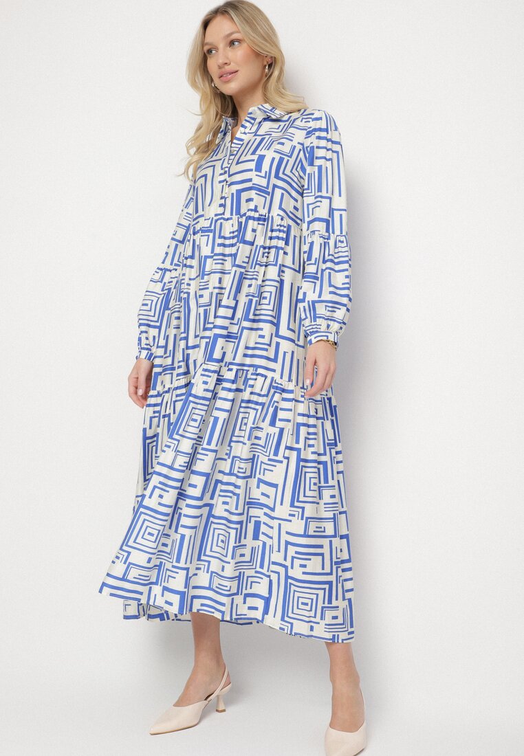 Rochie tip cămașă Albastră Evazată din Viscoză cu Model Geometric Alineria