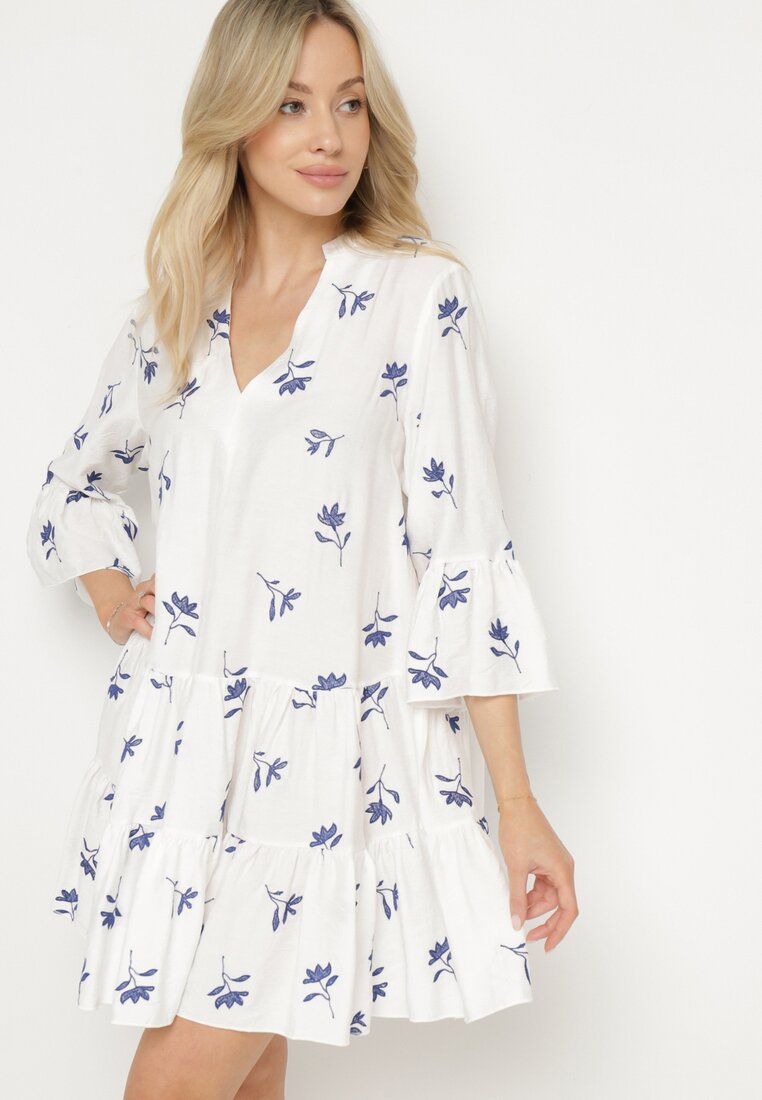 Rochie Albă din Viscoză cu croială Cloș cu Broderie și Volane Axneria