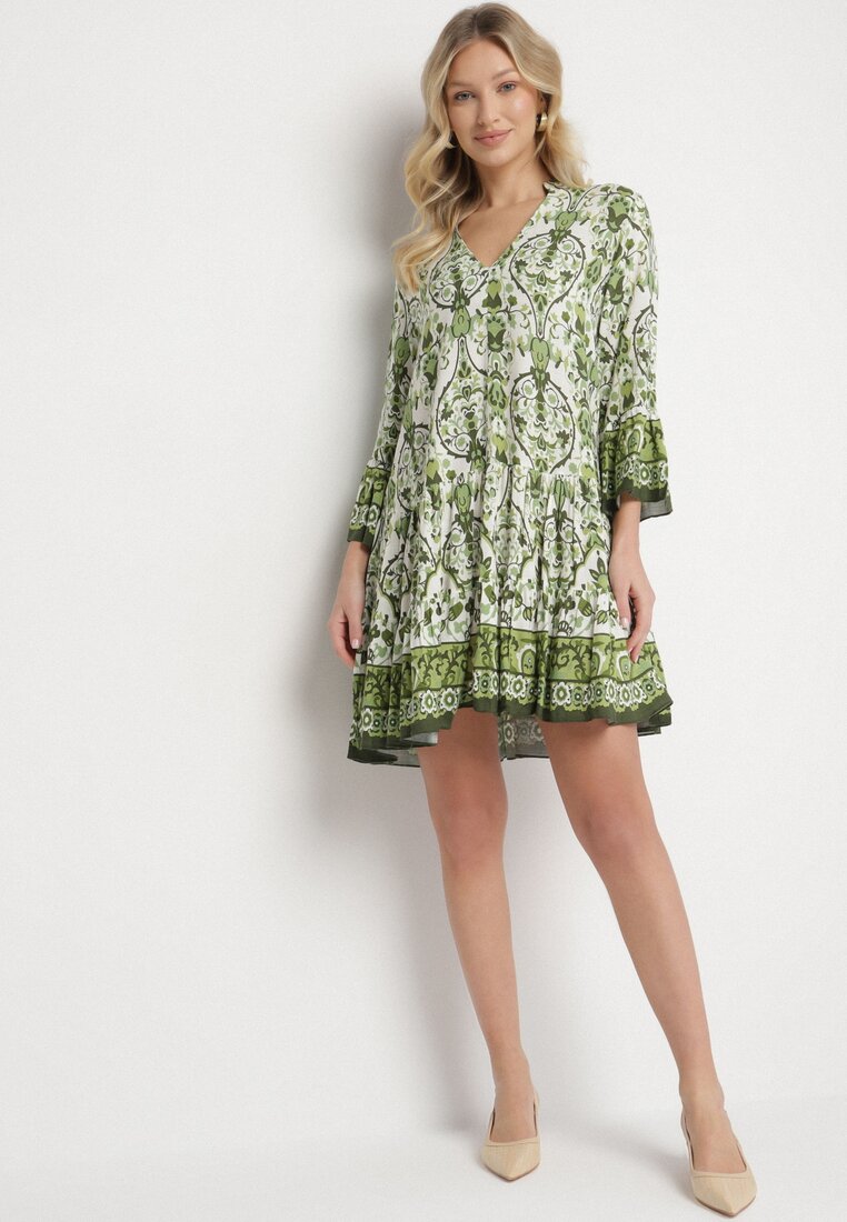 Evazată Rochie Verde cu vâscoză cu Model Ornamental Ravapia