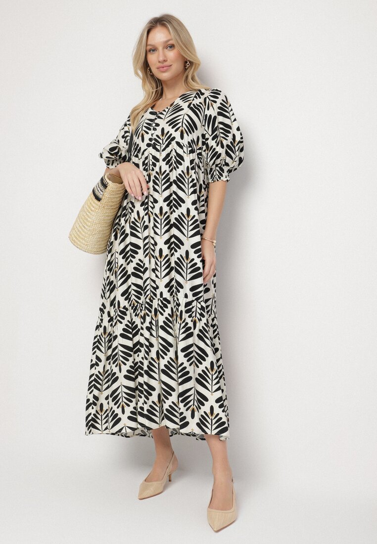 Rochie Evazată Neagră din Viscoză cu Motiv Floral Loredia