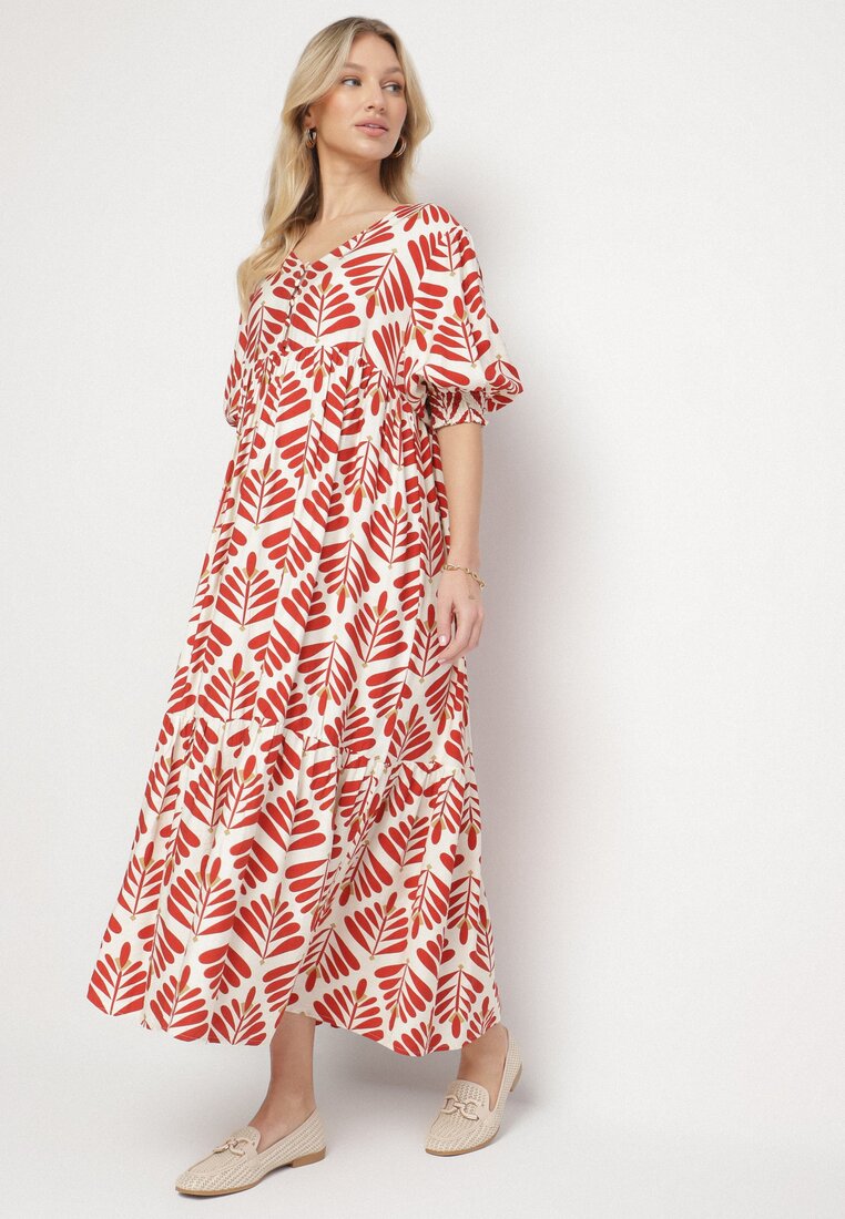 Rochie Roșie Cloș cu Vâscoză cu Motiv Floral Loredia