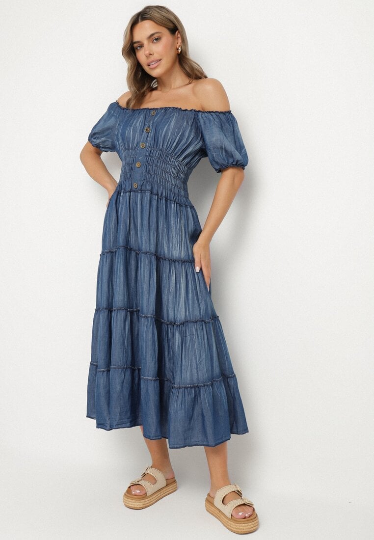 Rochie Albastră Spaniolă cu elastic încrețit în talie Zeldexira