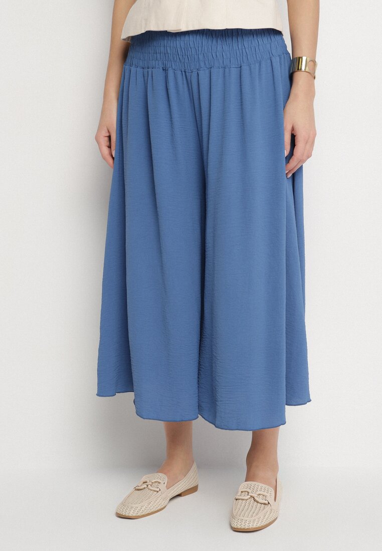 Pantaloni culotte albaștri largi cu talie înaltă decorați cu pliuri Aranaia