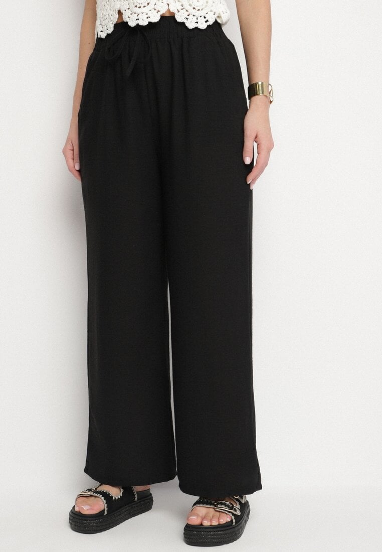 Pantaloni Negri Croială Largă Palazzo Cu Talie Înaltă și Cordon Araloria
