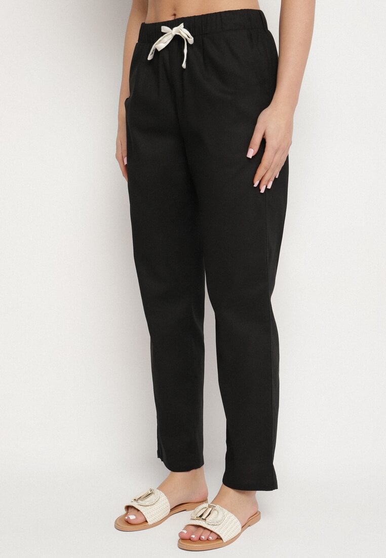 Pantaloni Negri din Bumbac Decorați cu Șnururi Fenarnia