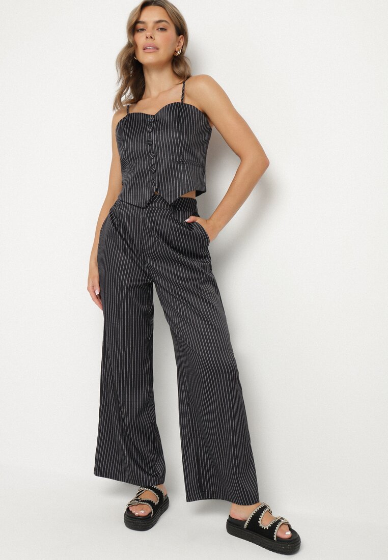 Set Negru din Viscoză cu Dungi Verticale, Pantaloni Largi și Top Firtebia