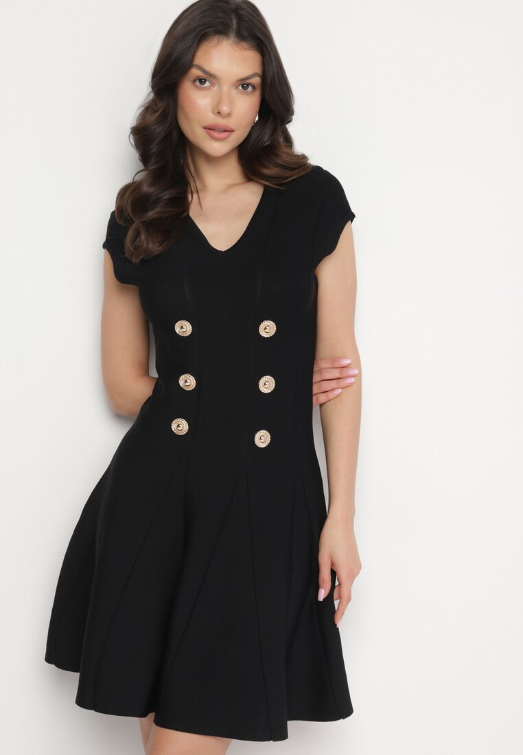 Rochie Neagră Elegantă Cloș cu Vâscoză Decorată cu Nasturi Farelna