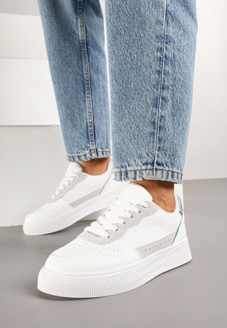 Adidași Albi cu Talpă Groasă cu Sclipici Perforații și Împletitură Mirreina