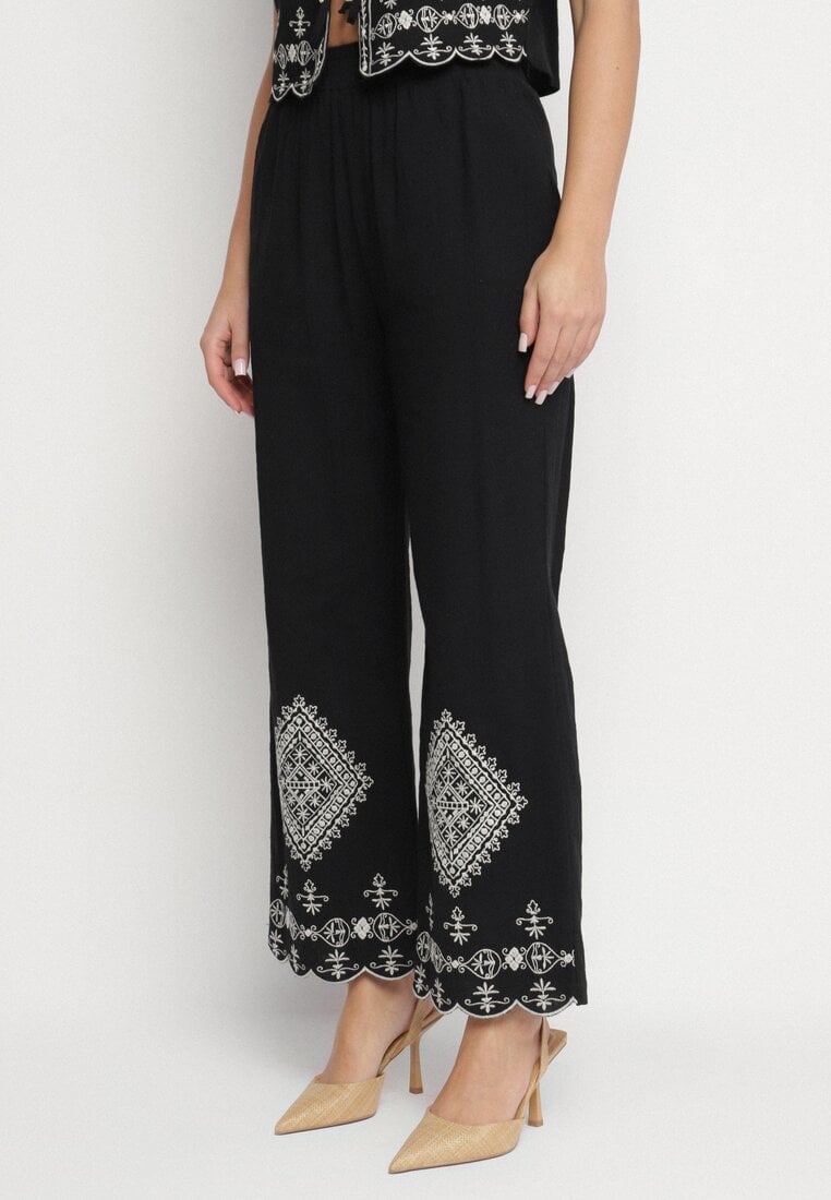 Pantaloni Negri din Bumbac cu Croială Largă cu Talie Înaltă și Broderie Carilea