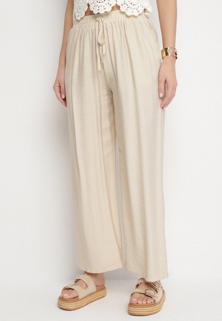 Pantaloni bej largi cu talie înaltă decorați cu șnur Fenaris
