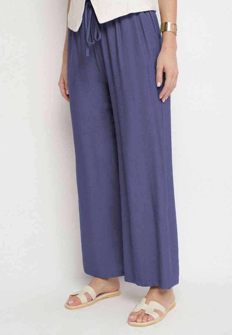 Pantaloni bleumarin largi cu talie înaltă decorați cu șnur Fenaris