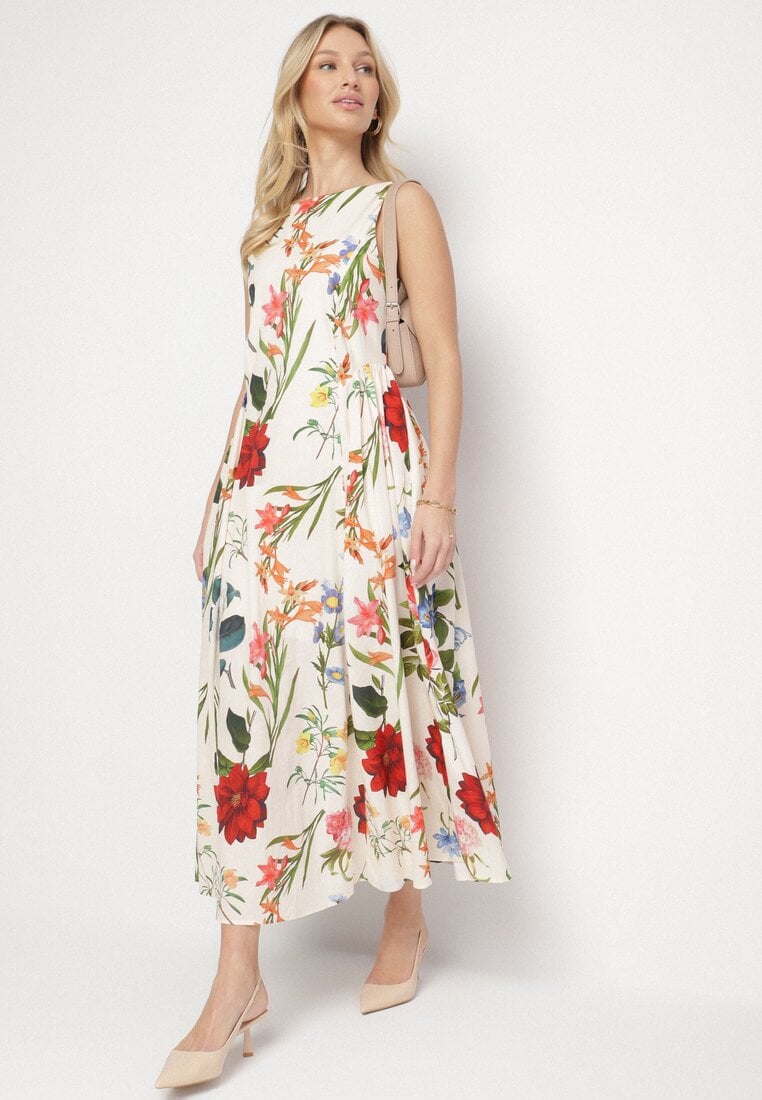 Rochie Bej de Bumbac cu Croială Cloș cu Imprimeu Floral Iladris