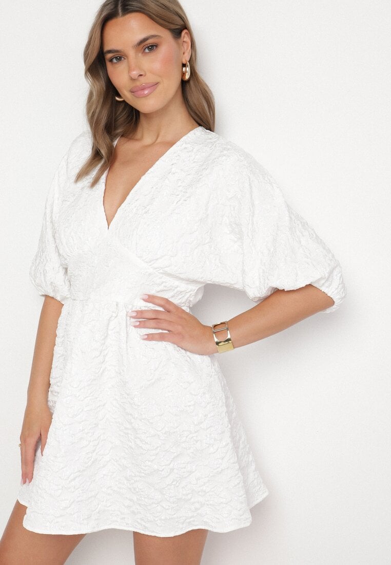 Rochie Cloș Albă cu Mâneci Lăptice cu Imprimeu Darinel