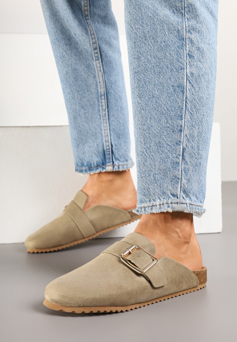 Papuci Mule Verde-Bej tip saboți cu cataramă Ablera