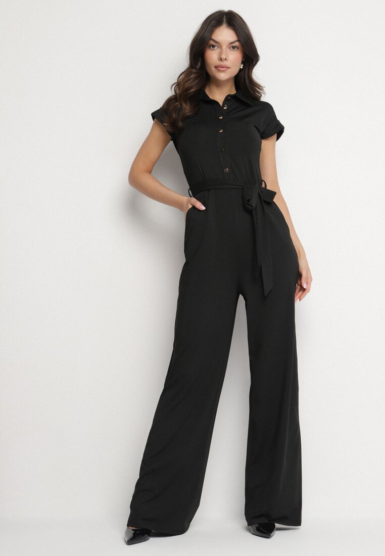 Salopetă stil cămașă neagră din Viscoză cu Mânecă Scurtă și Curea Minorita