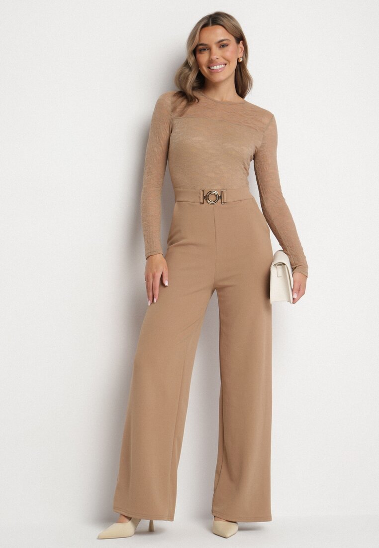 Salopetă Dantelată Bej din Viscoză cu picioare largi Ninarena