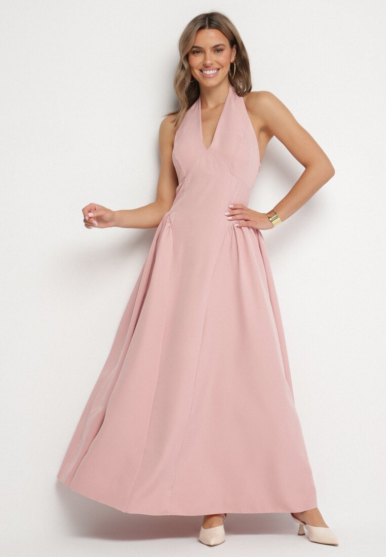 Rochie Roz cu croi evazat și decolteu halter legat Senicea