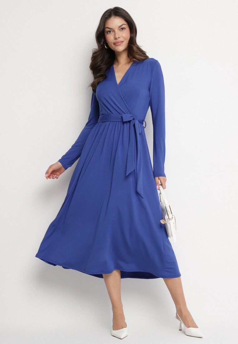 Rochie Albastră Petrecută cu Vâscoză Legată în Talie Drestalia