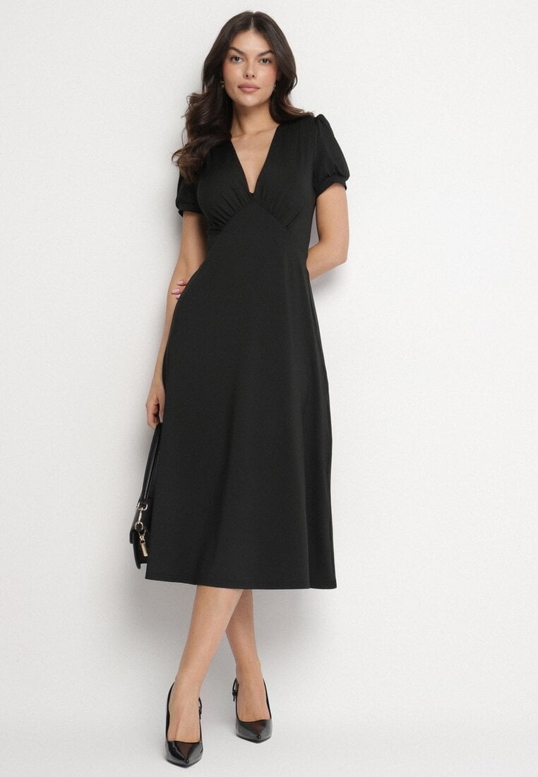 Rochie Neagră Cloche din Viscoză cu Pernițe de Umăr Awerla