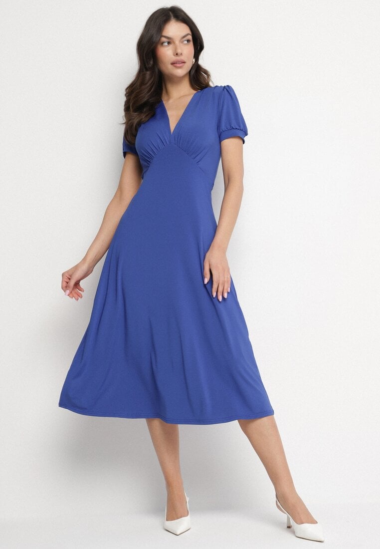 Rochie Albastră Evazată cu Vâscoză cu Perne în Umeri Awerla