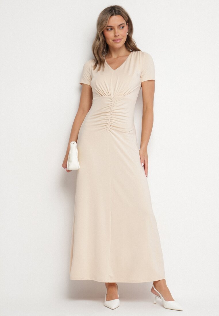 Rochie Bej Deschis cu Încrețituri Taliată cu Vâscoză Arelona