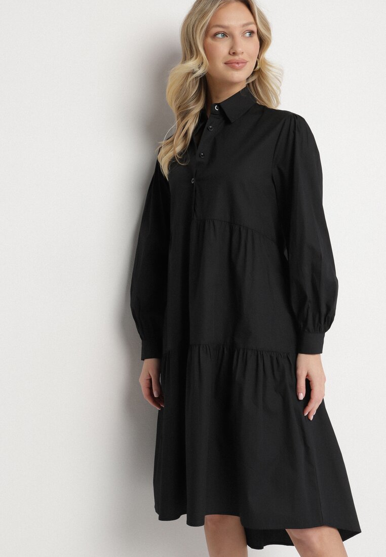 Rochie cămașă neagră din bumbac cu croi evazat Olenias