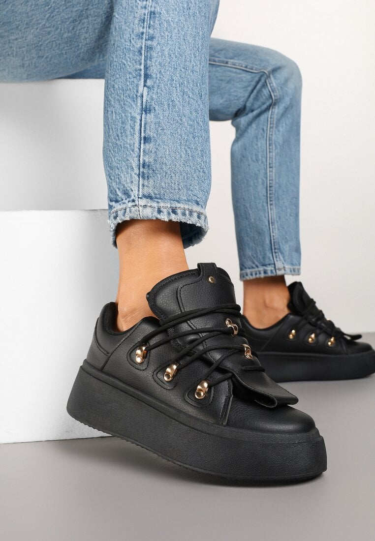 Sneakerși Negri pe Platformă cu Limbă Lată Decorativă Zarinea