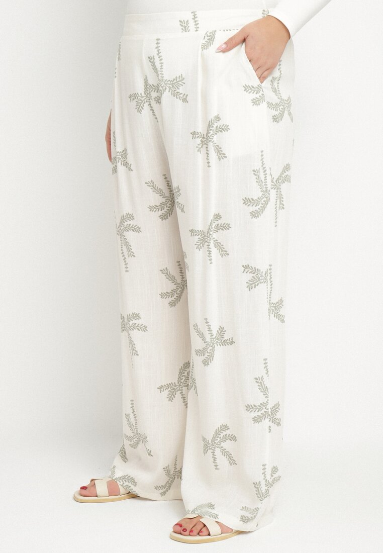 Pantaloni albi din Viscoză și In cu Imprimeu Delicat cu Talie Înaltă Tassemi