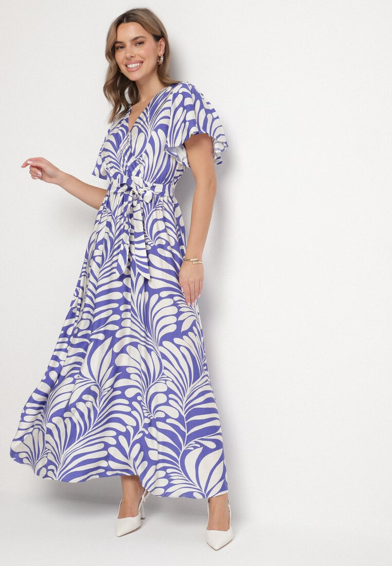 Rochie din viscoză albastră cu croială petrecută cu imprimeu floral Cinea