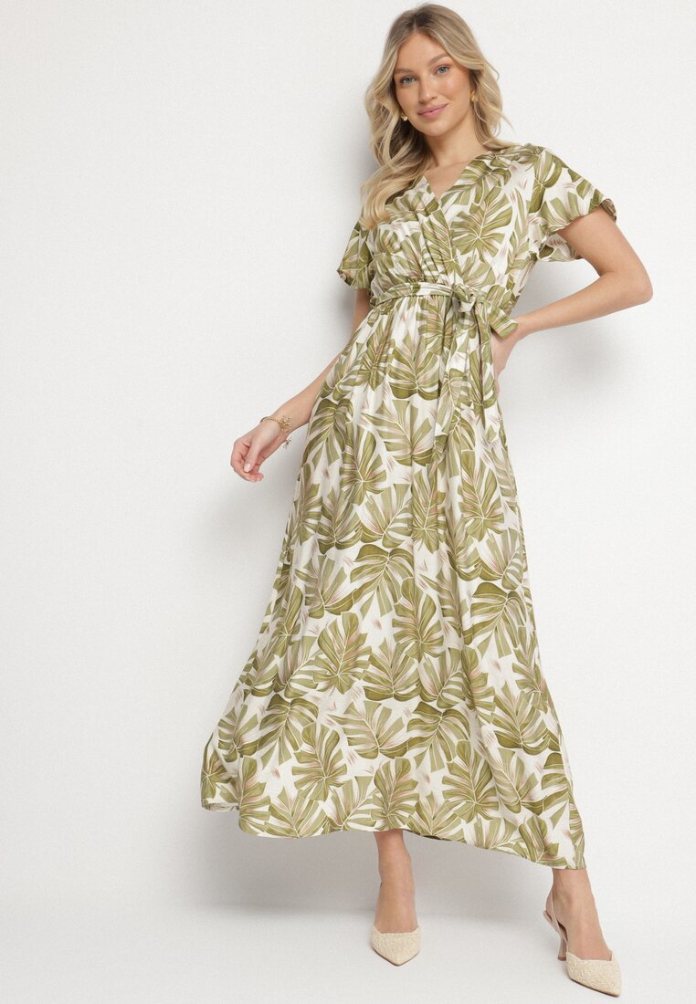 Rochie Verde Decorată cu model cu frunze, cu elastic și curea în talie Iselona