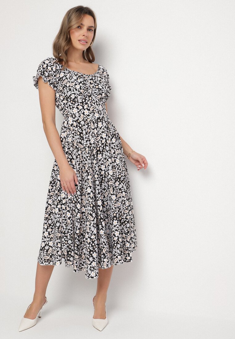 Rochie Neagră Cloș cu flori din bumbac și mâneci bufante Sanirla