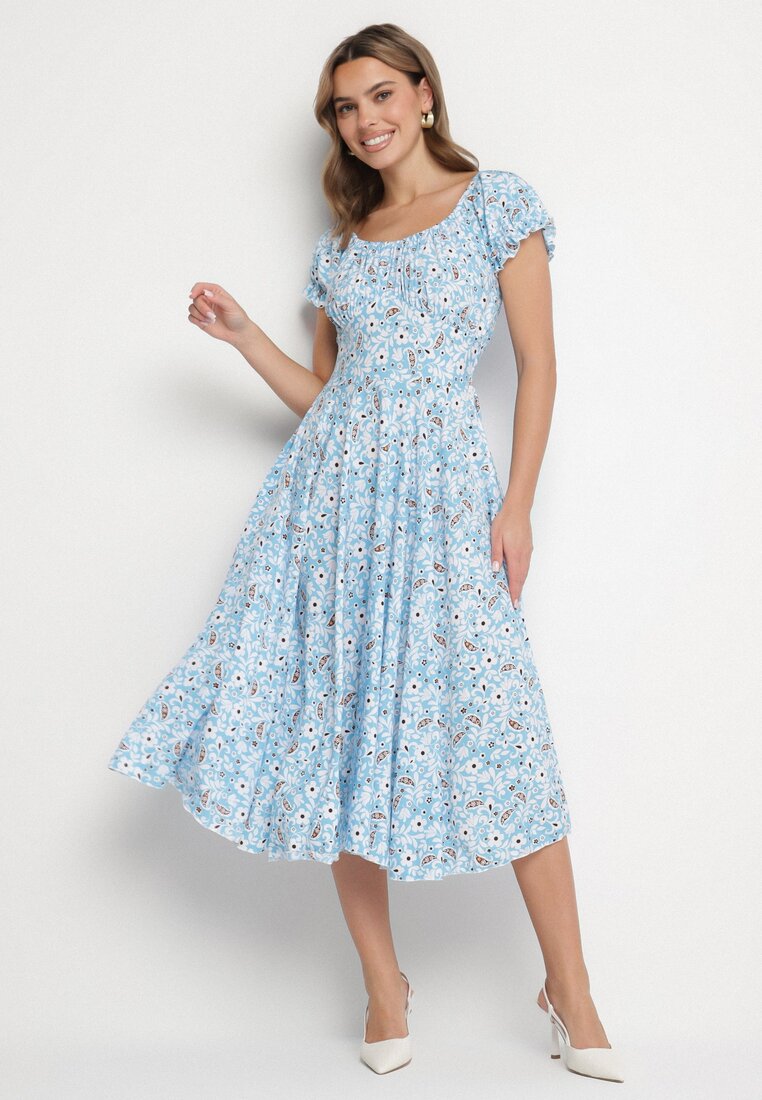 Rochie Albastră Cloș cu flori din bumbac și cu mâneci bufante Sanirla