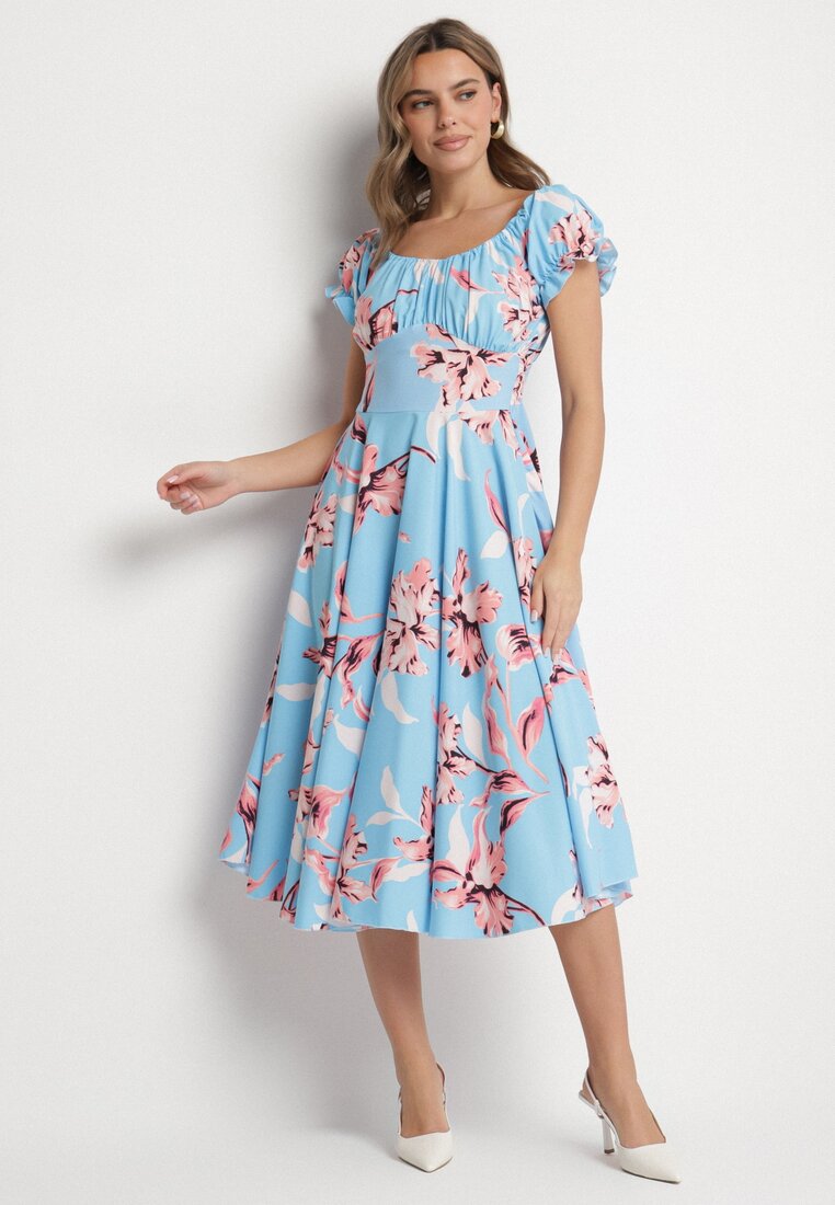 Rochie Albastră cu flori cu decolteu barcă din bumbac cu croială evazată Annilva