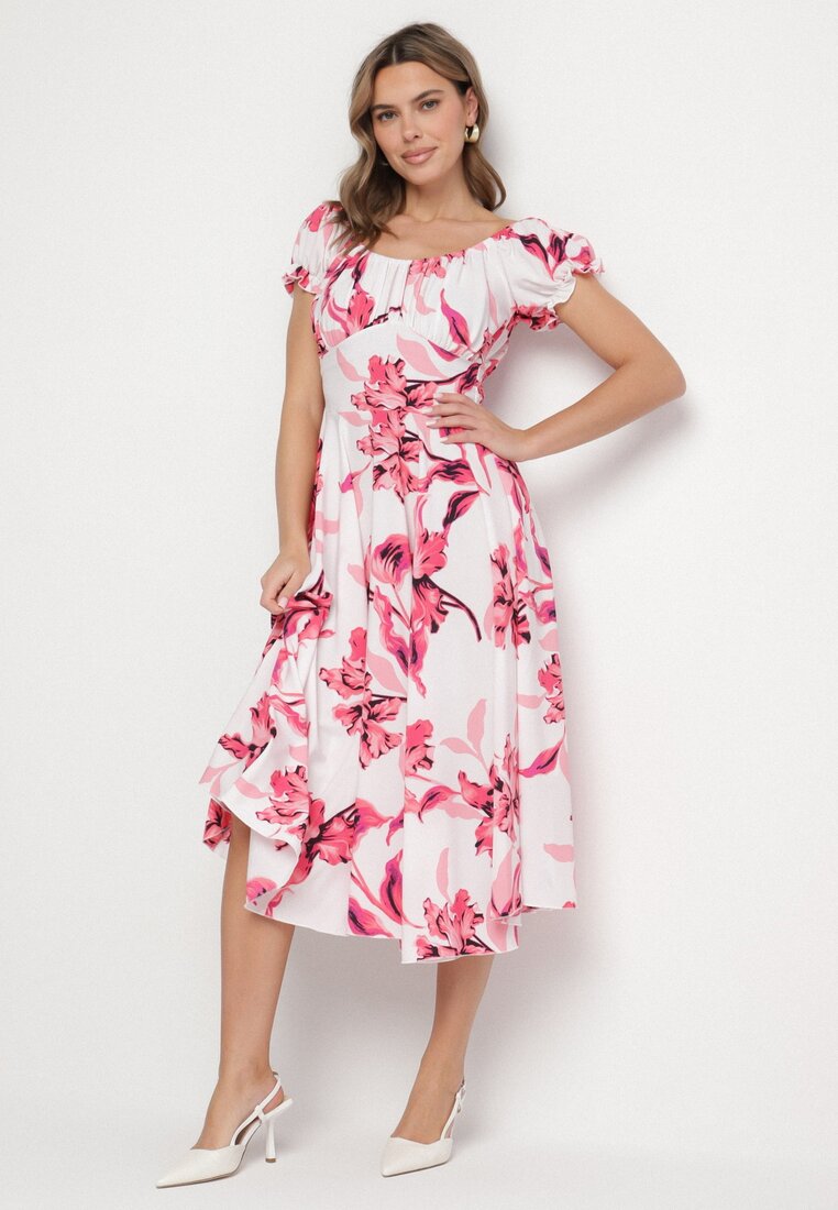 Rochie bej deschis Cu flori Cu decolteu barcă Din bumbac Cu croi evazat Annilva