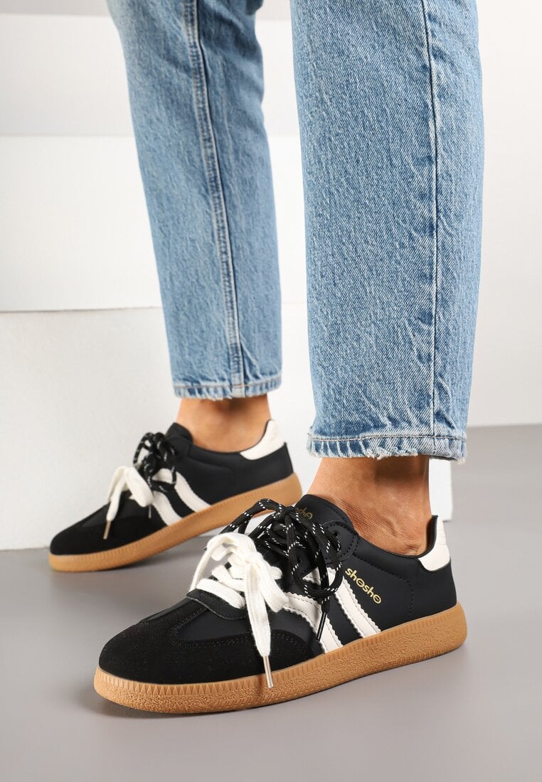 Sneakers Negru-Bej în Stil de Tenisi Clasici cu Șireturi Suplimentare Valiena