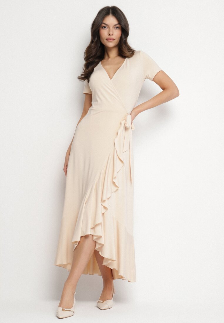 Rochie Bej cu Cureaua Plic Decorată cu Volane Wleffia