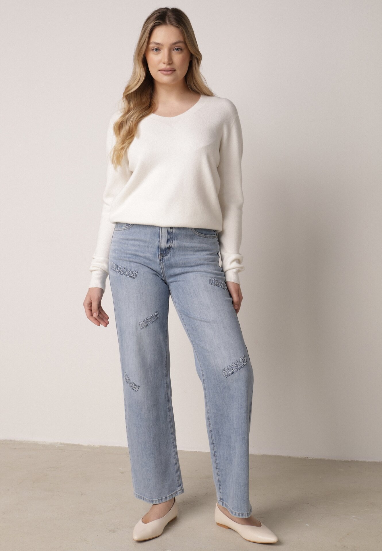 Blugi Albastre cu Croială Largă cu Talie Înaltă Decorate cu Aplicații Gleffia