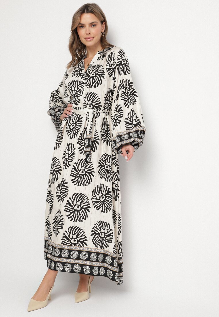 Rochie Neagră Viscoză Oversize cu Model Etnic cu Curea Legată Florseki