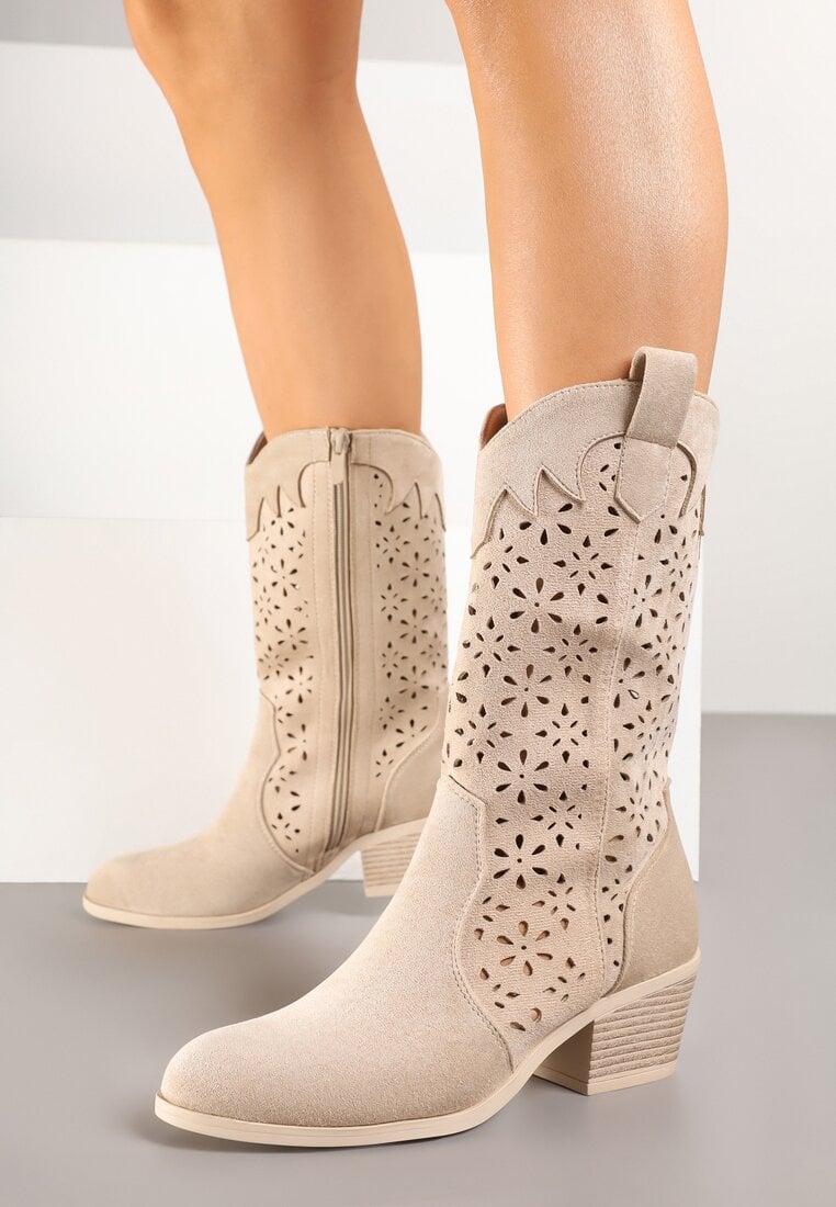 Ghete perforate bej închis cu toc stil cowboy Lissemi