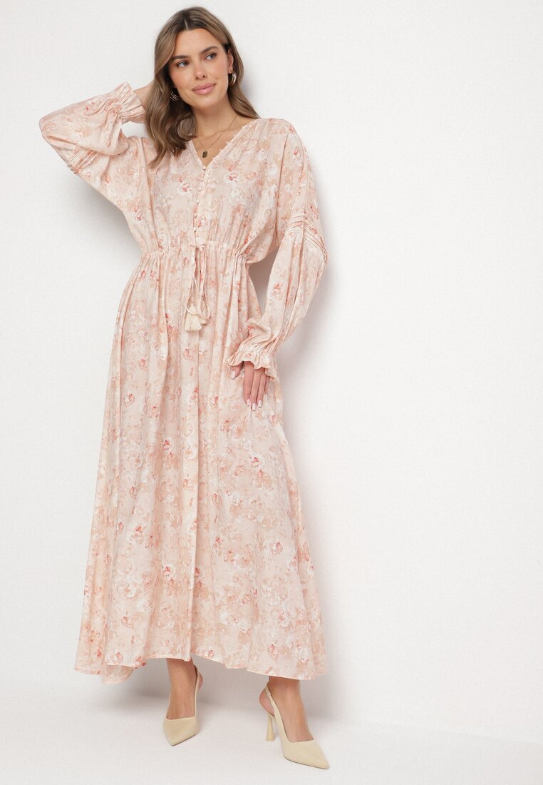 Rochie din bumbac roz cu imprimeu floral, cu decolteu în V și mâneci bufante Efandria