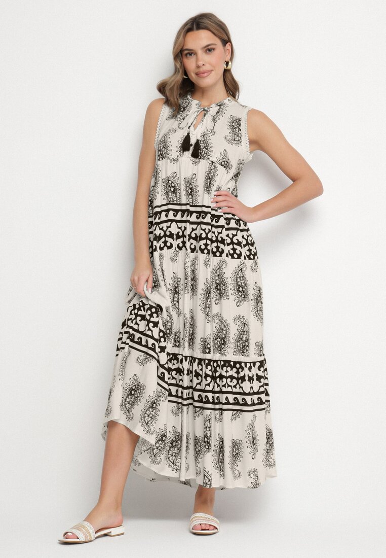 Rochie Neagră de Viscoză Cloș cu Legătură cu Model Paisley Mreadia