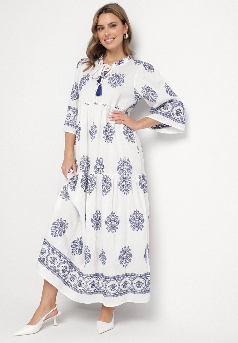 Rochie Albă din Viscoză în Stil Boho cu Nod și Broderie Alinaria